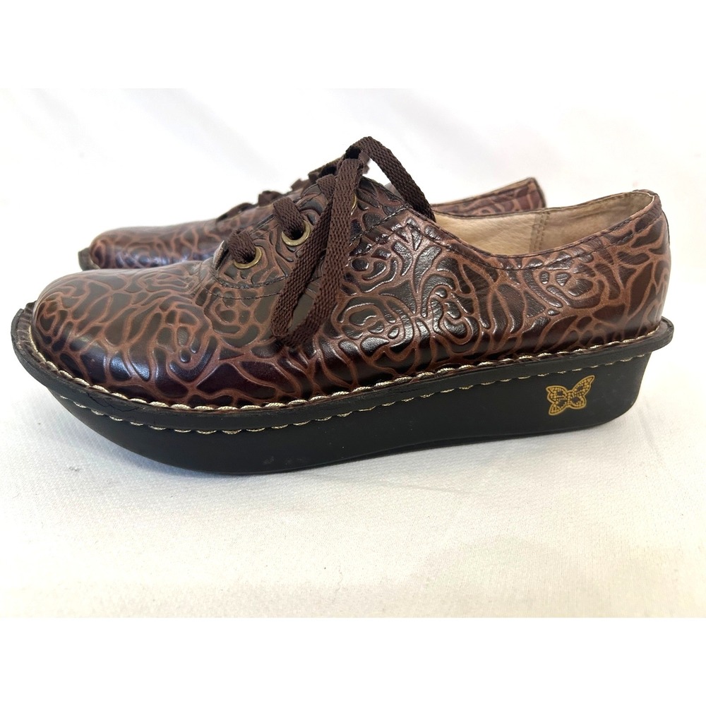 Alegria Women's‎ Oxford Leather Brown Clog Embossed Rose Comfort 10 Shoes